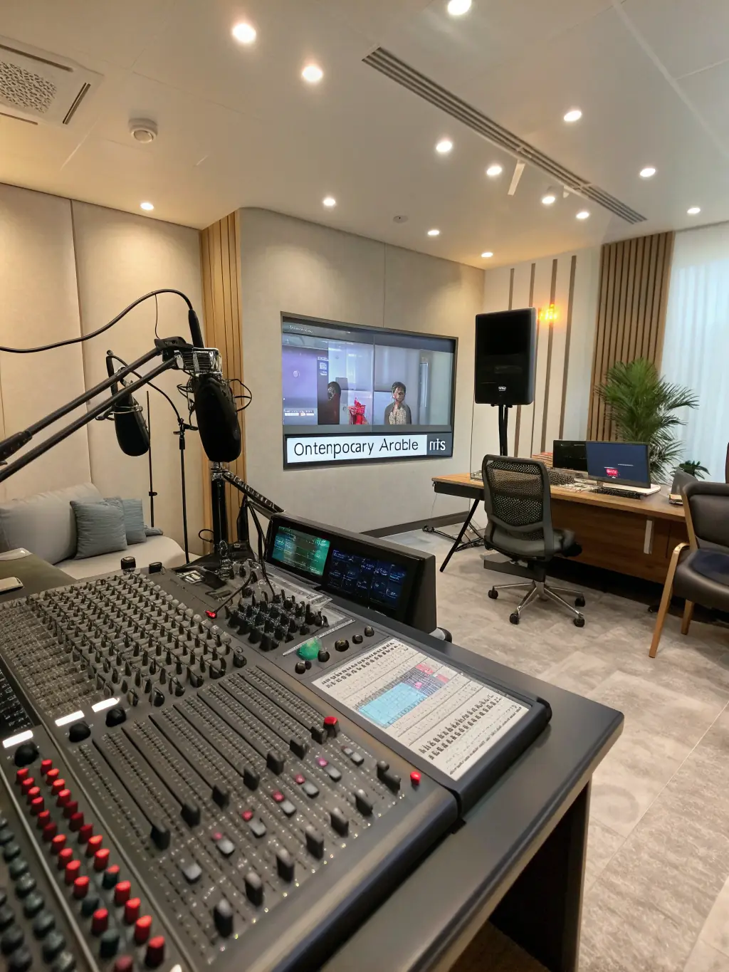 A modern recording studio with various instruments and soundproofing, representing LINE CHECK's studio model expertise.