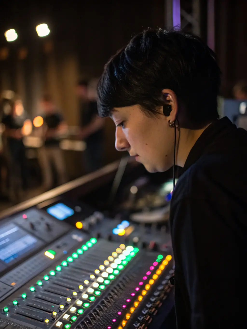 A dynamic image of a sound engineer working at a live music event, highlighting LINE CHECK's expertise in sound management and technical reinforcement.